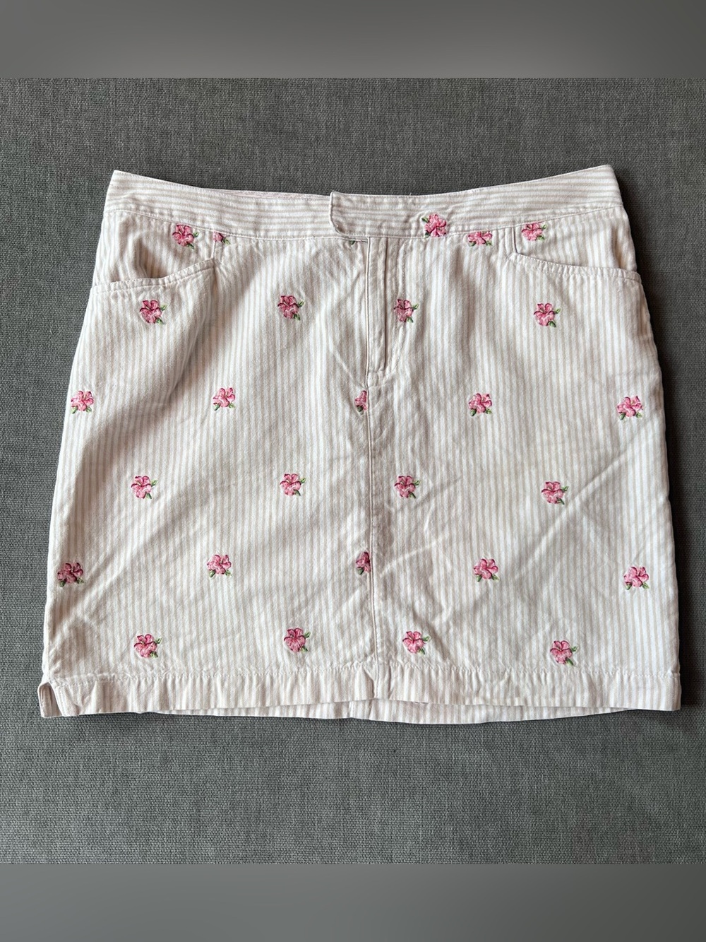 Tommy Hilfiger Striped Floral Embroidered Mini Skirt 6 Cotton Cream White Pink